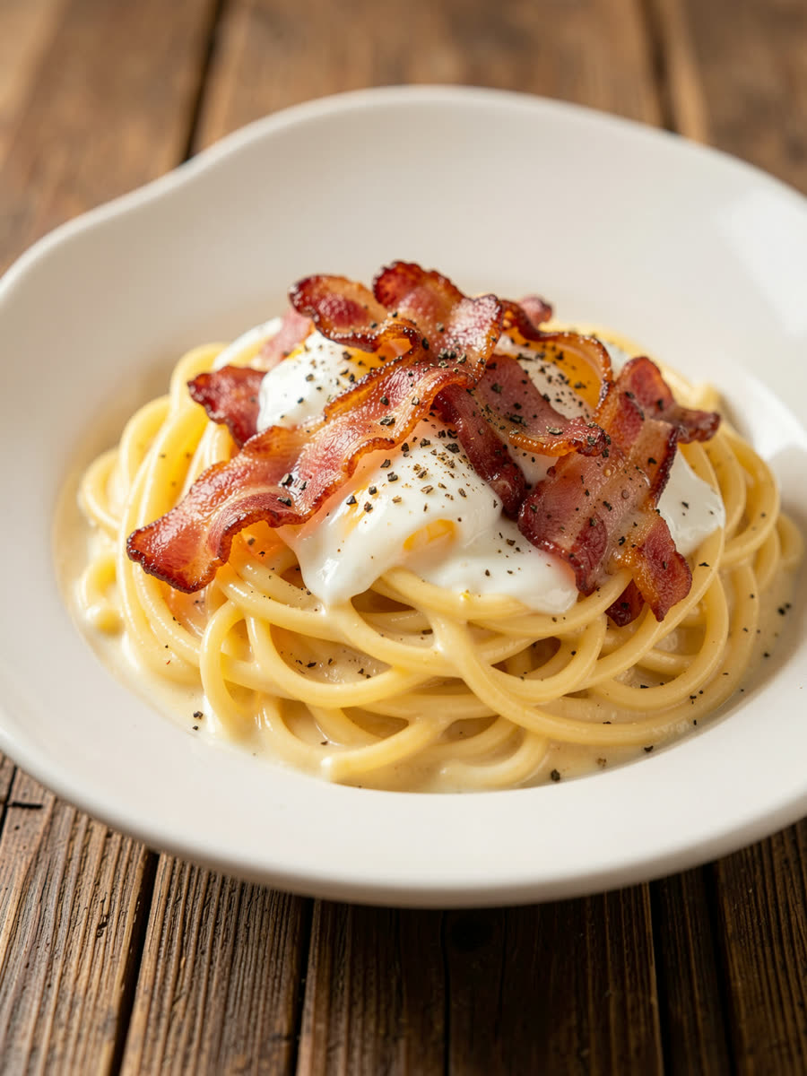 Espaguete à carbonara com bacon